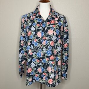 PURE LINEN‎ Button Up Blouse Sz 16 Long Sleeve Navy Floral 100% Linen Top